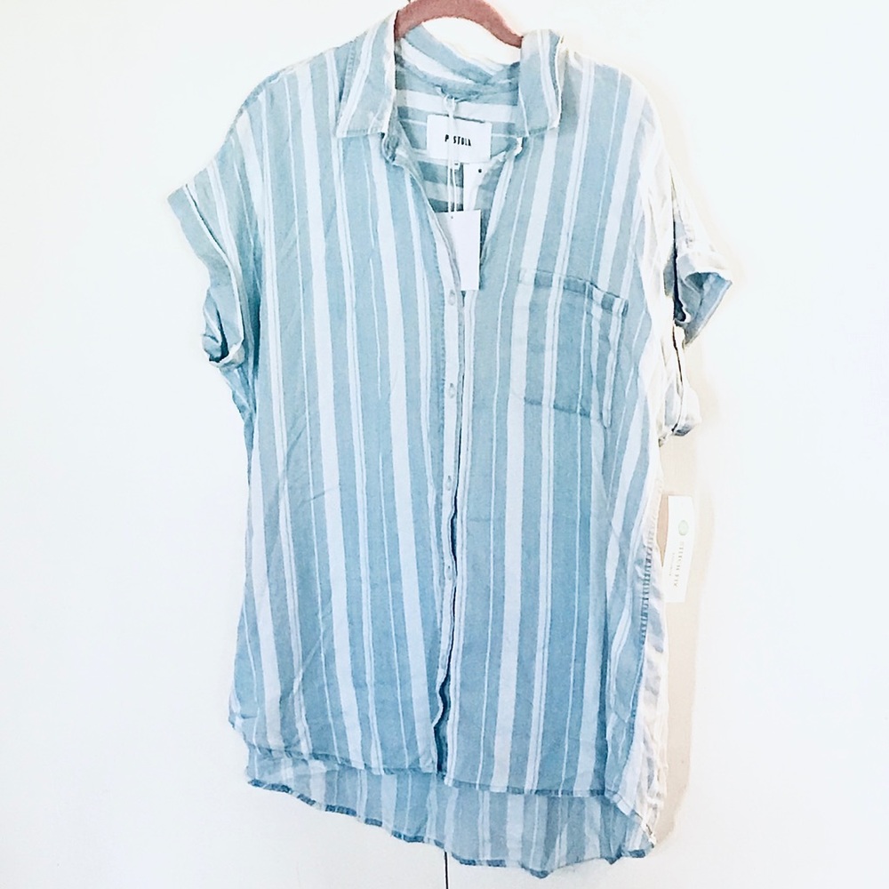 🎊HOST PICK🎊 PISTOLA’s💙Ava Striped Button Down Hi-Low👚XXLG - Picture 13 of 16